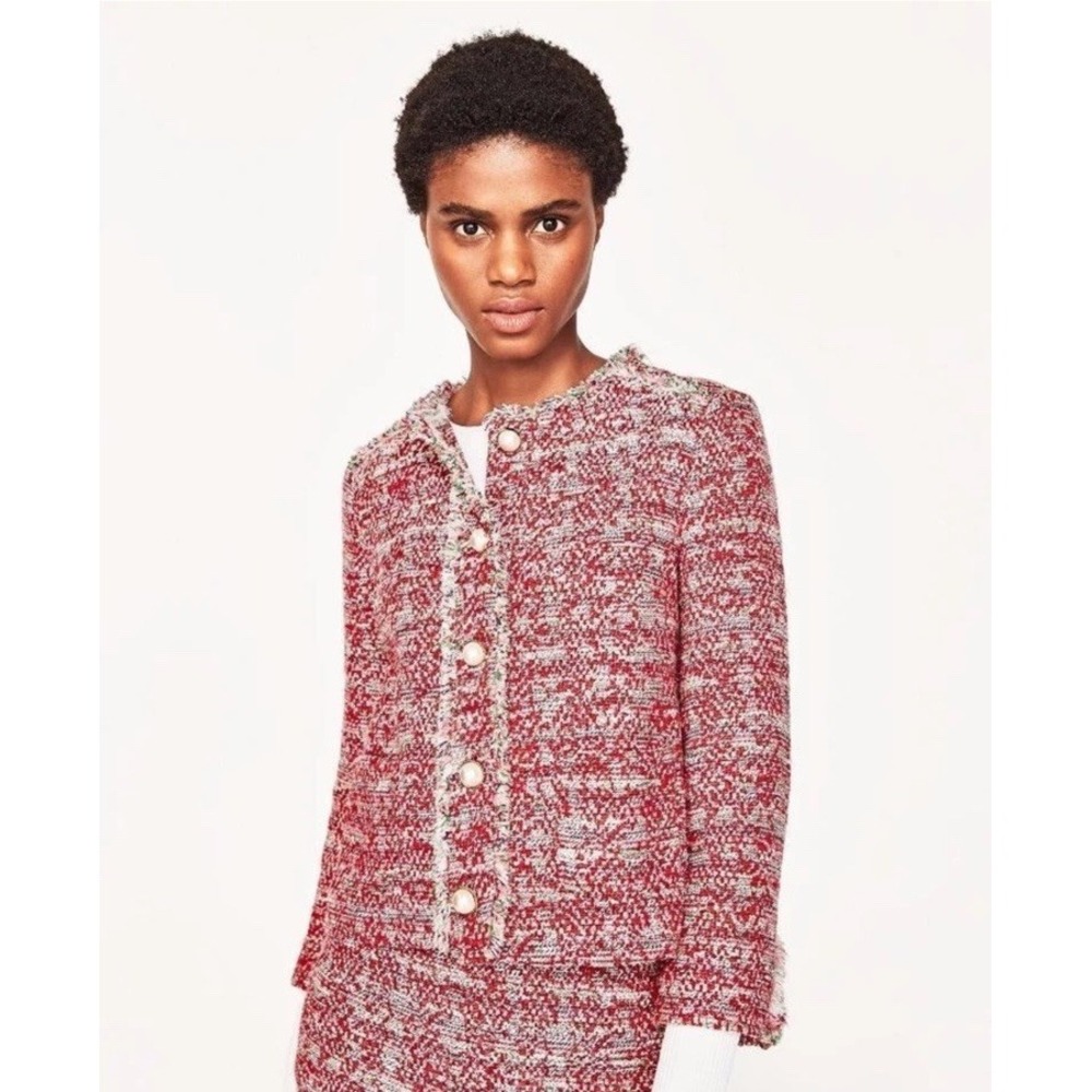 Zara Red Tweed Textured Weaved Blazer Jacket Pearl Size S